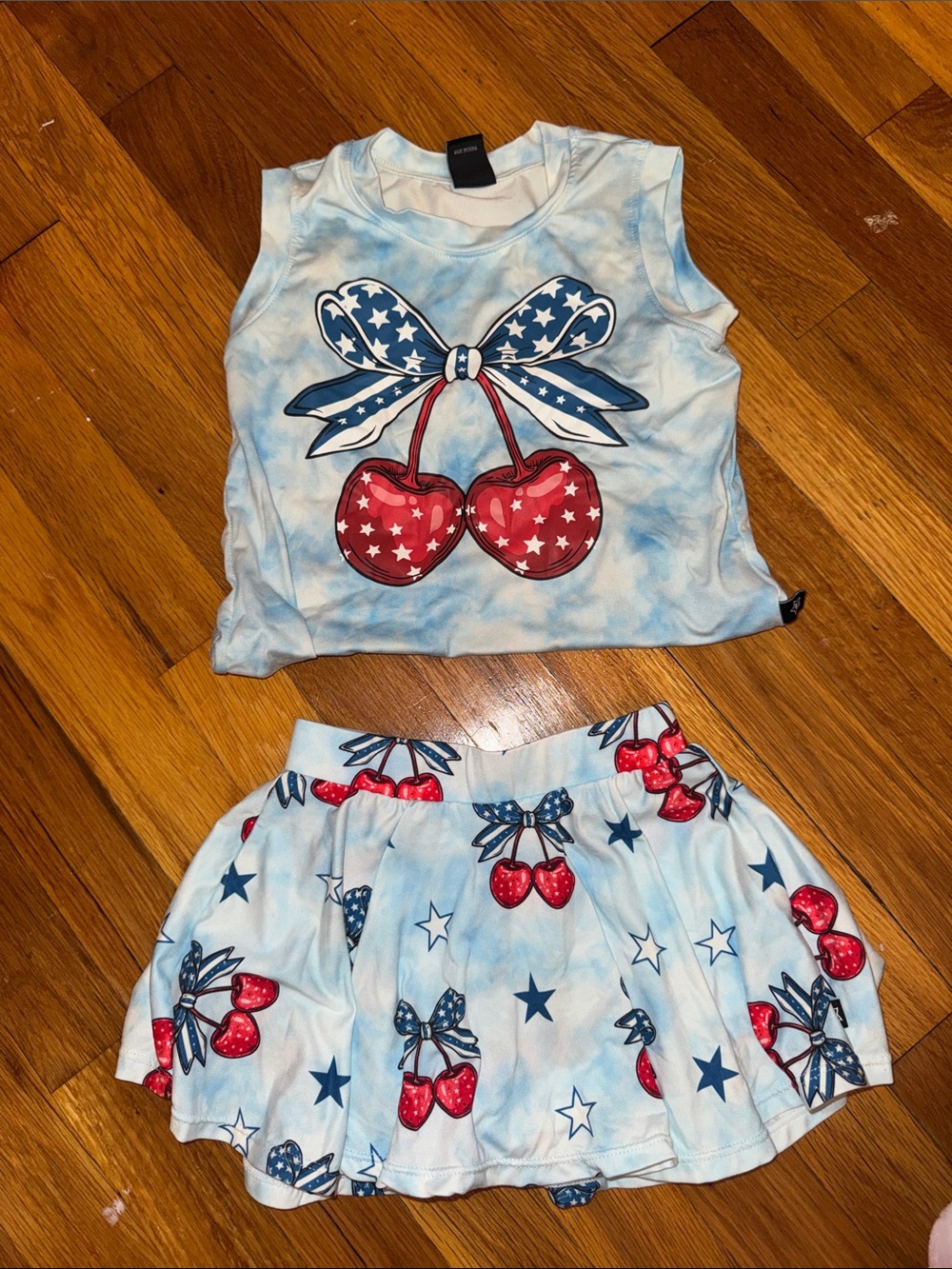 Pixielane Cherry Bow Two-Piece Set in Light Blue and Red
